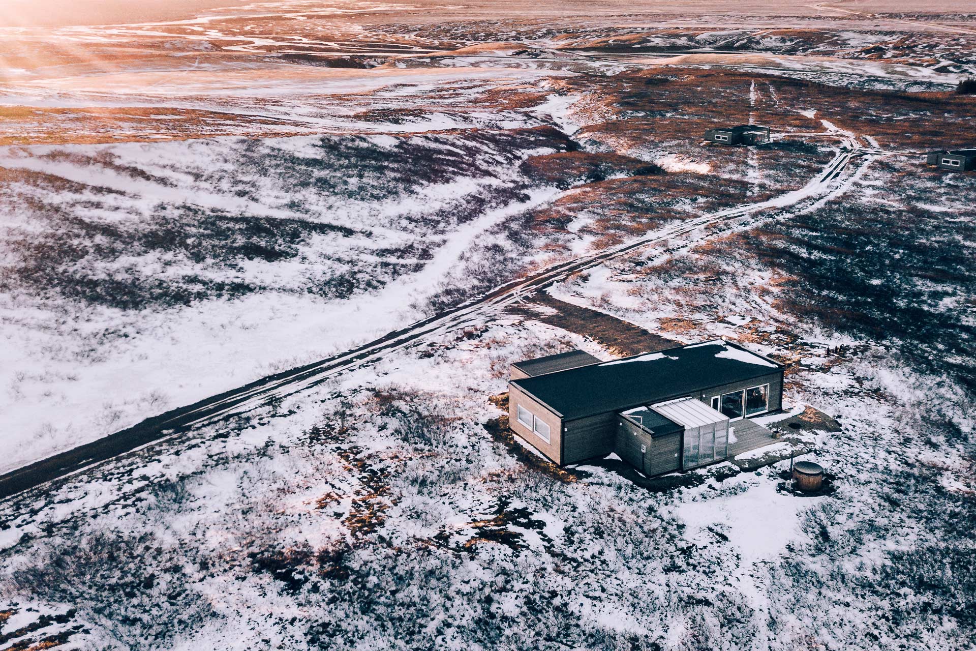 An aerial view of the hrifunes nature park cabins in the south of iceland