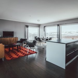 The living room during winter in hrifunes nature park hotel south iceland