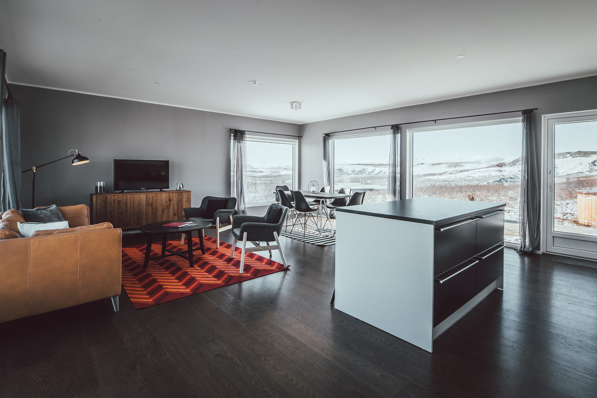 The living room during winter in hrifunes nature park hotel south iceland